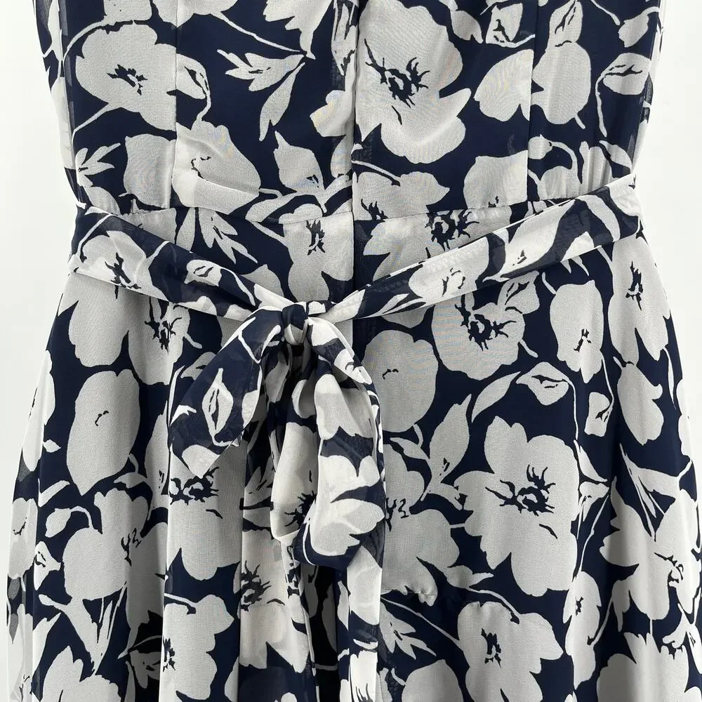R&K Navy Blue & White Floral Cap Sleeve Fit & Flare Cottage Summer Dress 10 - Picture 5 of 9